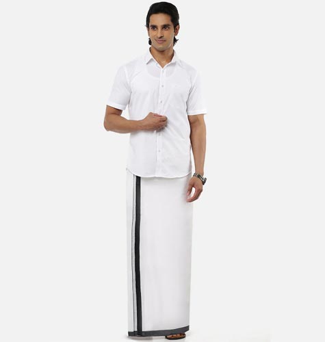 Men Pure Cotton Double layer White Dhoti with Black border